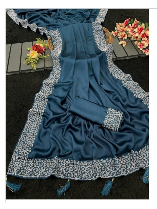 Pure Silk Traditional Saree with Sirvoski Border Work, Cultural Wear for Women