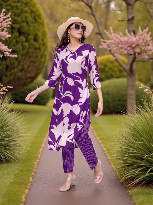 Rayon Print Traditional Two Piece Kurti Set, Cultural Wear for Women