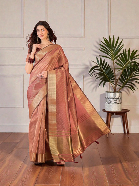 Khadi Organza Saree with Ready Blouse, Cultural Wear for Women