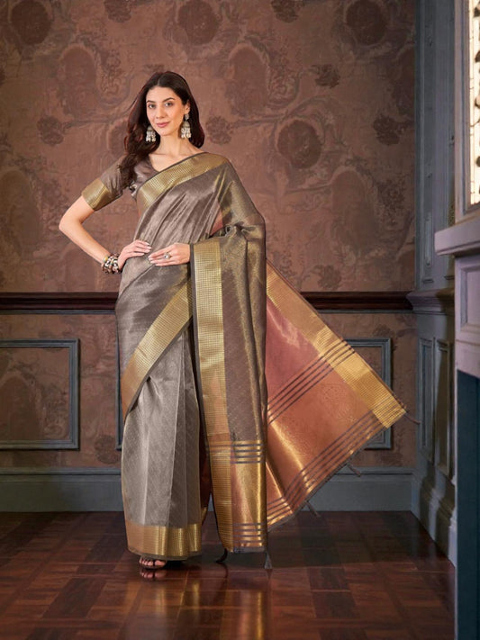 Khadi Organza Saree with Ready Blouse, Cultural Wear for Women