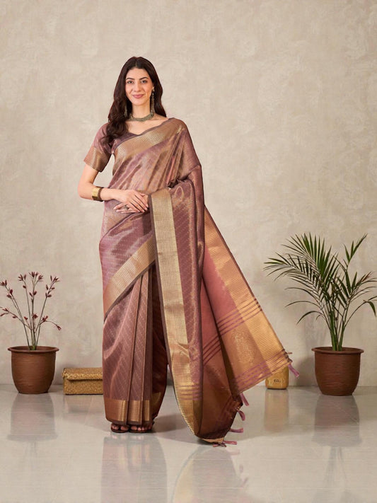 Khadi Organza Saree with Ready Blouse, Cultural Wear for Women