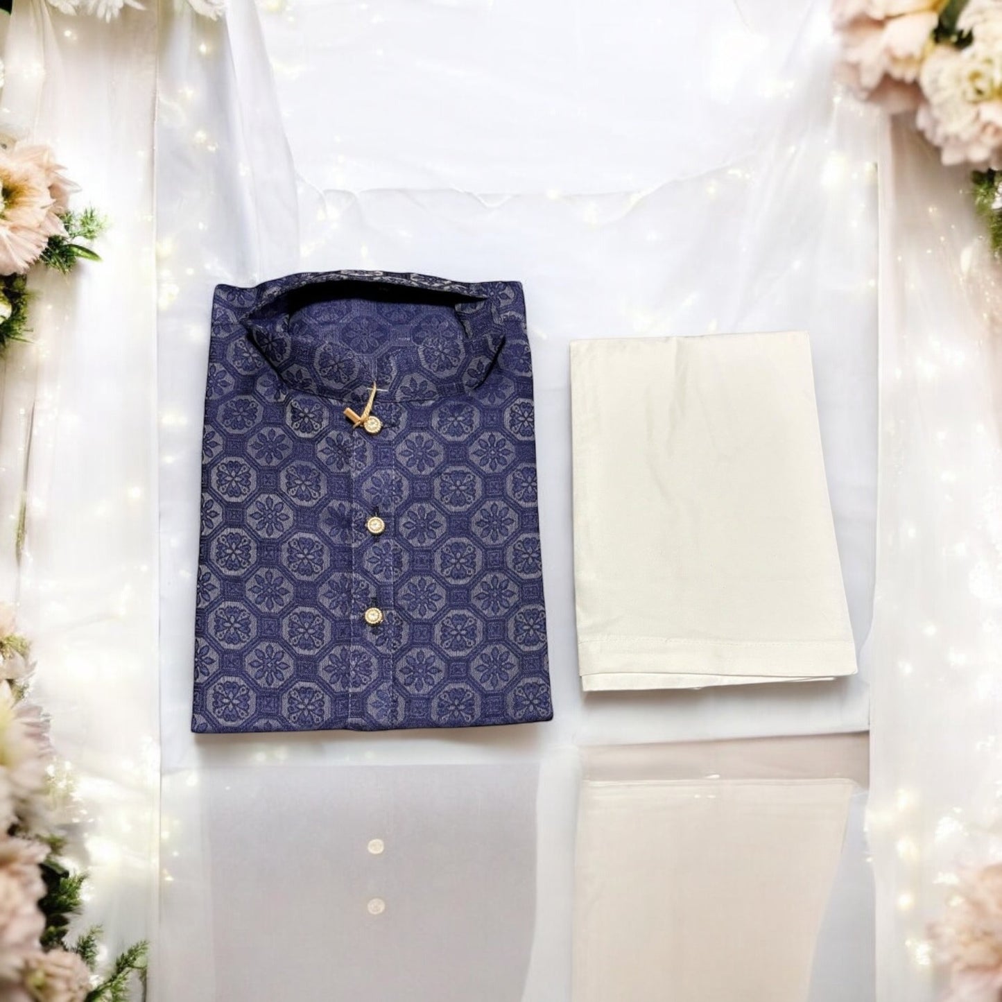 Traditional Boys Navy Blue Printed Kurta Pajama - 6441 - Saree Ghor Charlotte