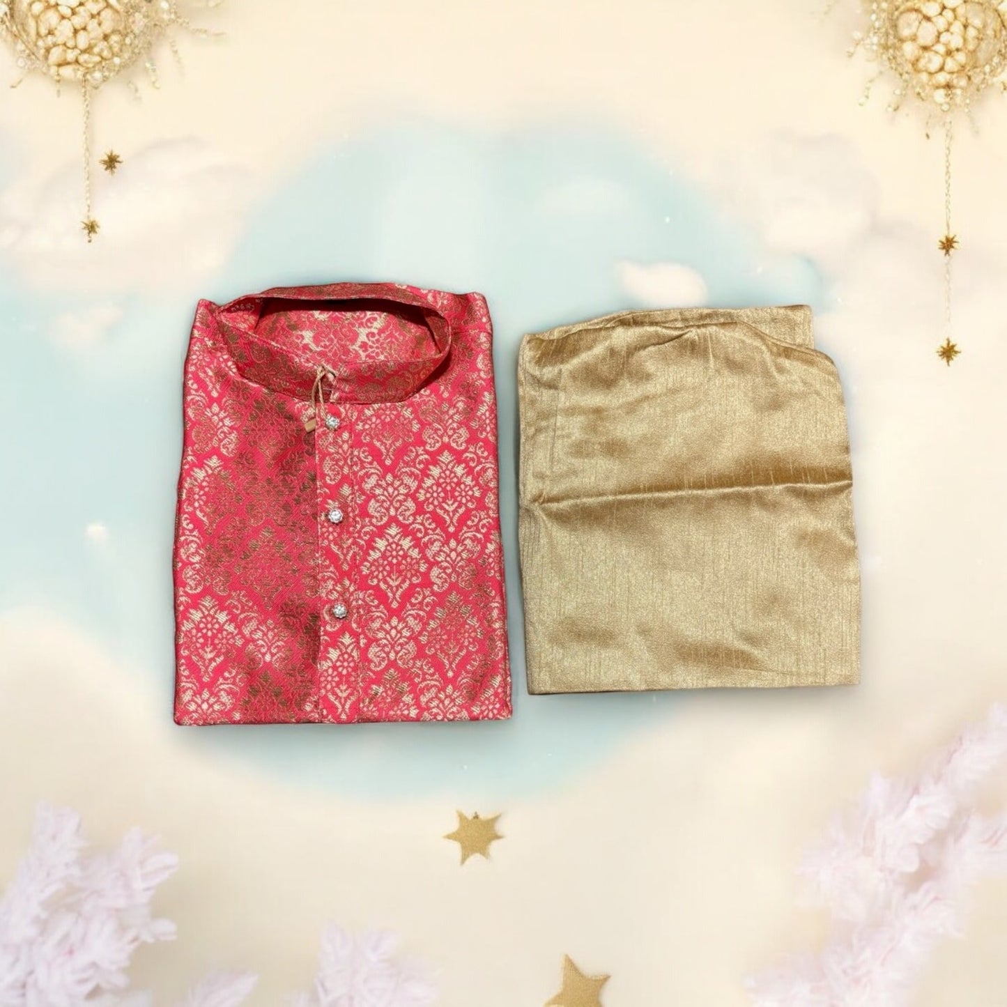 Traditional Boys Pink Silk Kurta Pajama - 6351 - Saree Ghor Charlotte