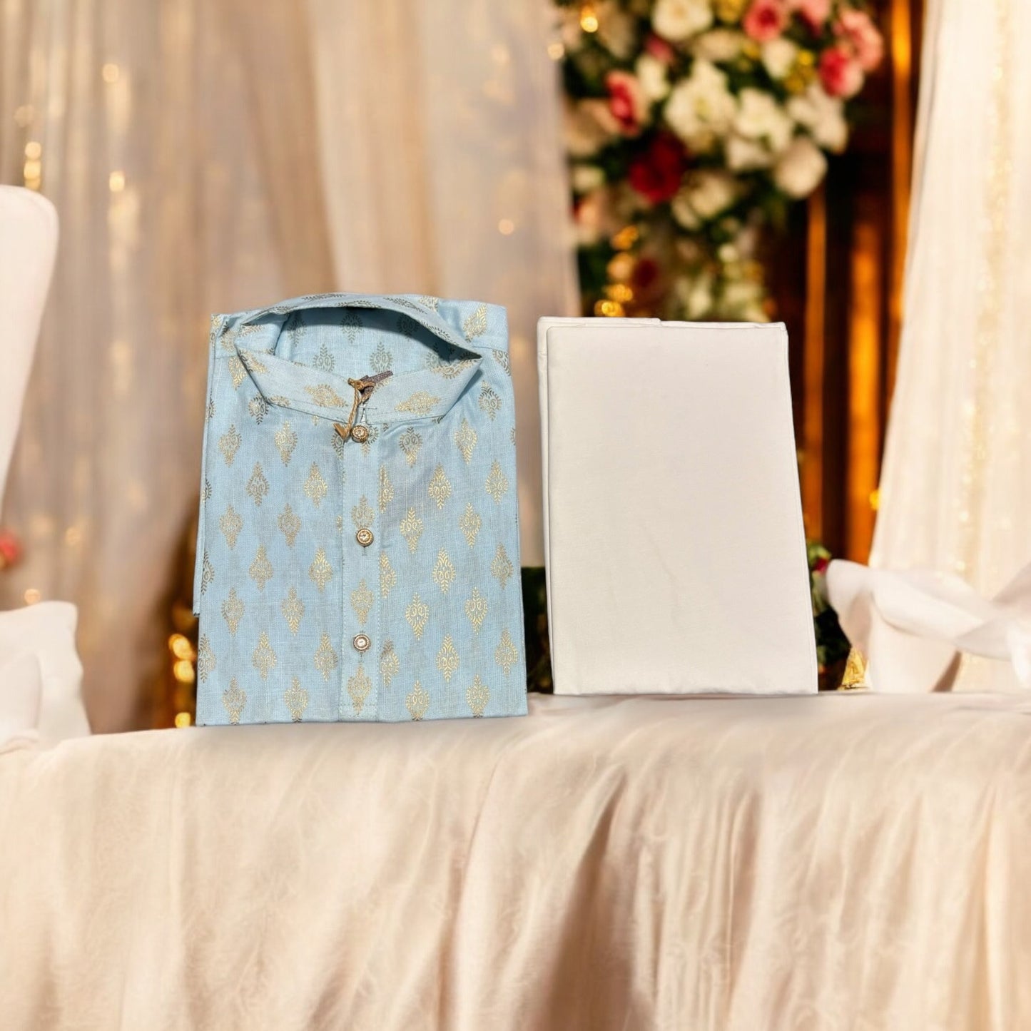Traditional Boys Sky Blue Printed Kurta Pajama - 6428 - Saree Ghor Charlotte