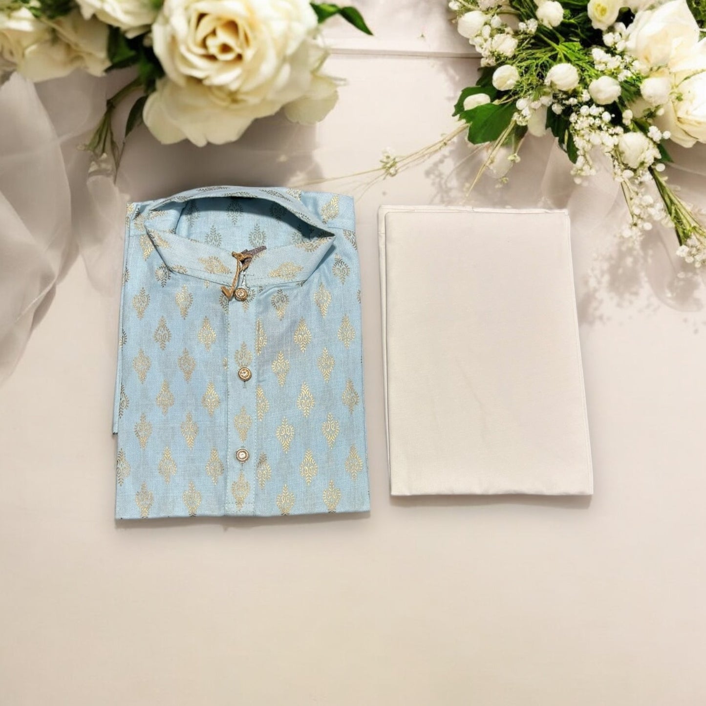 Traditional Boys Sky Blue Printed Kurta Pajama - 6428 - Saree Ghor Charlotte