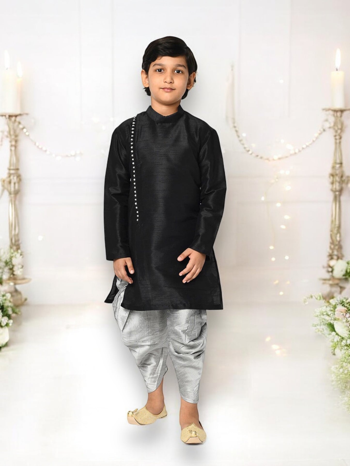 Black - Traditional Silk Kurta Pajama Set for Boys - Ethnic Wear - Saree Ghor Charlotte