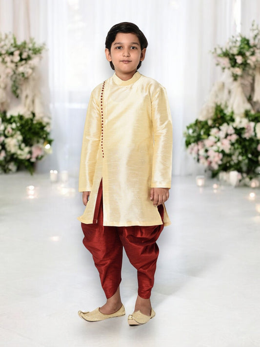 Cream, Dupion Silk Traditional Kurta Pajama Set for Boys, Cultural Wear - Saree Ghor Charlotte
