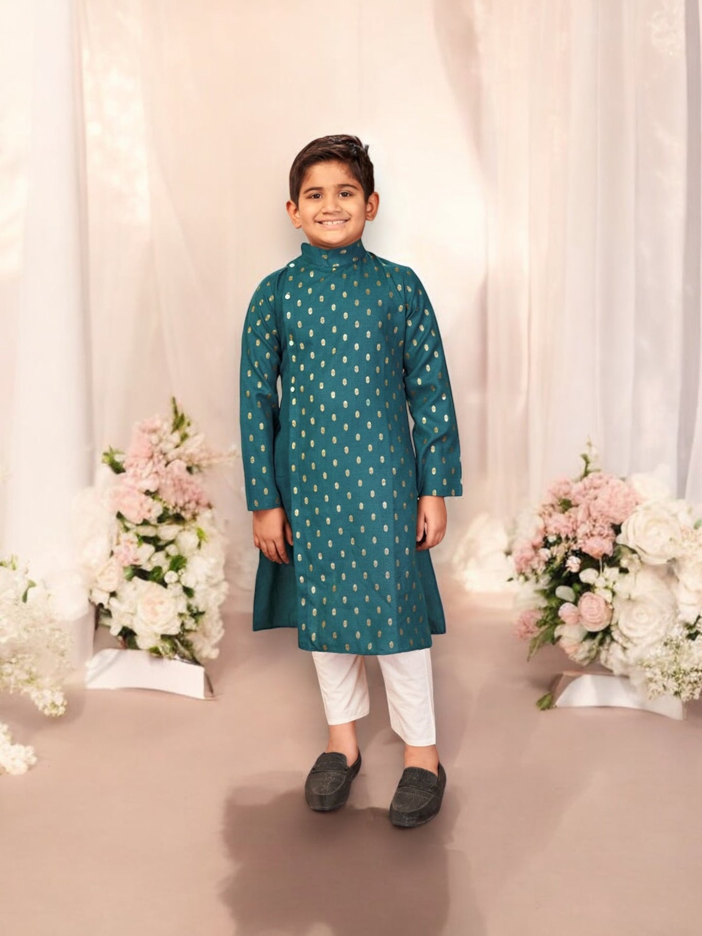 Rama- Pure Cotton -Foil Printed Traditional Kurta Pajama Set for Boys - Ethnic Wear - Saree Ghor Charlotte