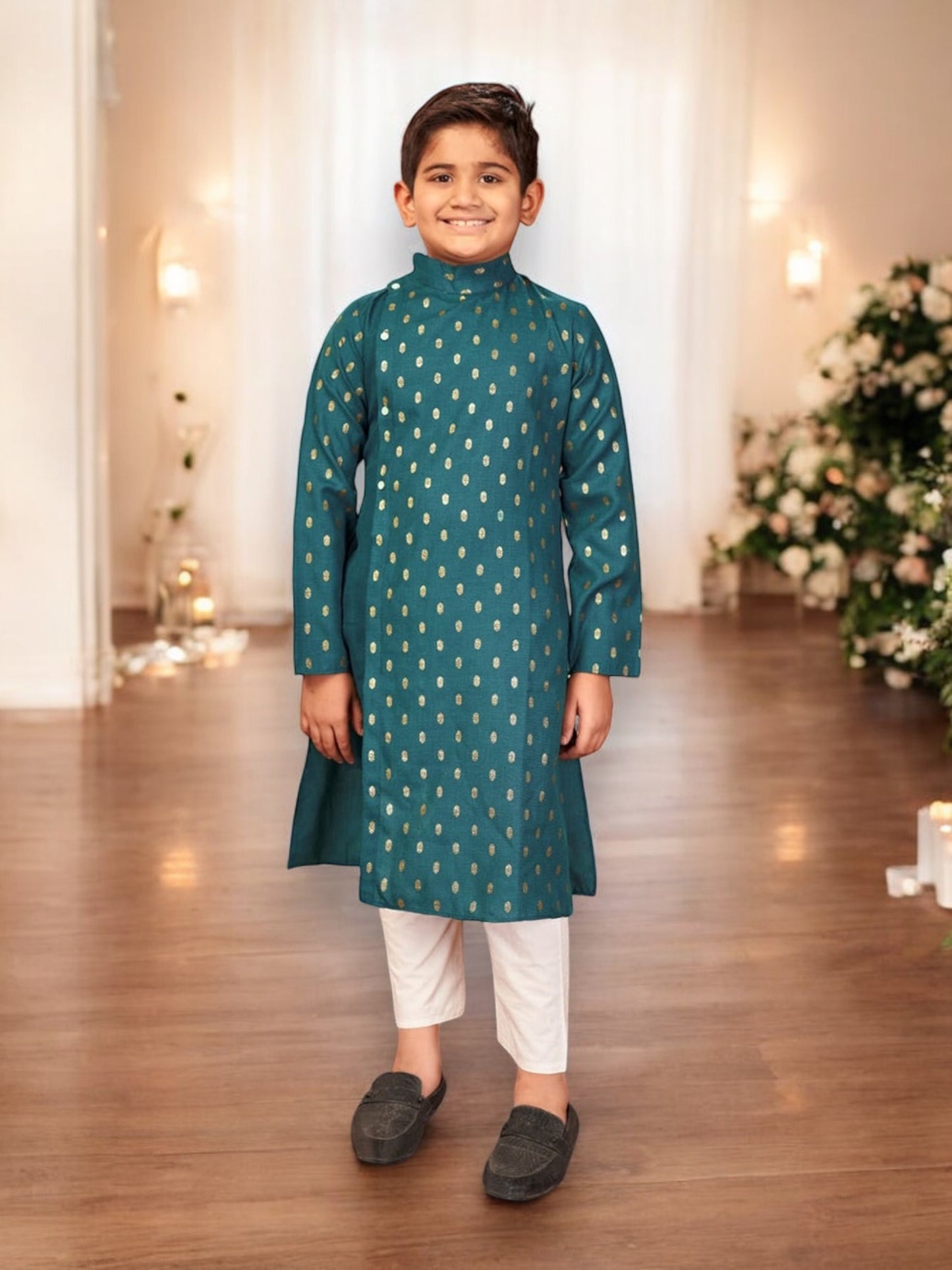 Rama- Pure Cotton -Foil Printed Traditional Kurta Pajama Set for Boys - Ethnic Wear - Saree Ghor Charlotte