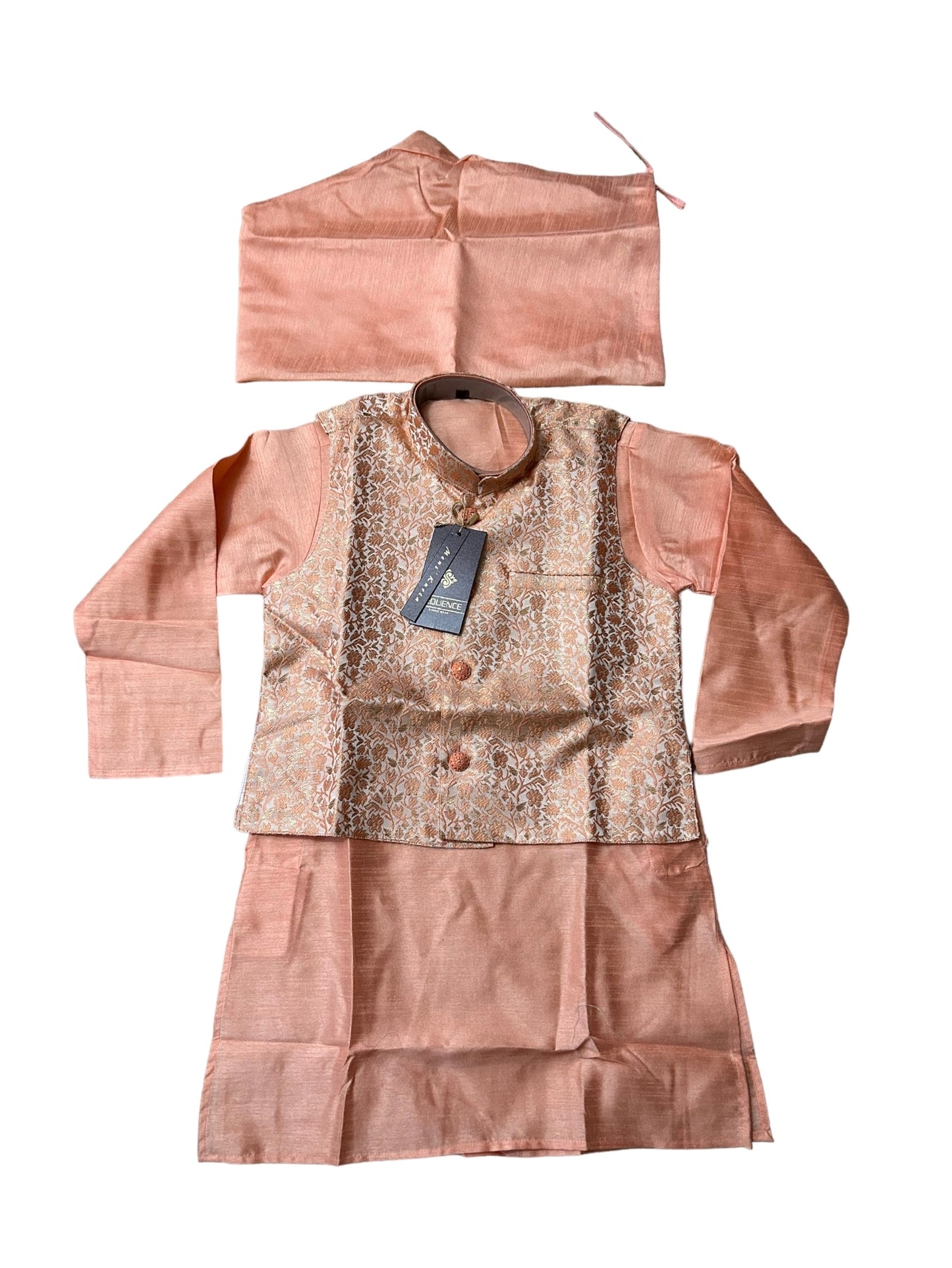 Peach Silk Traditional Kurta Pajama Set with Matching Vest - D6420- Ethnic Wear - Saree Ghor Charlotte