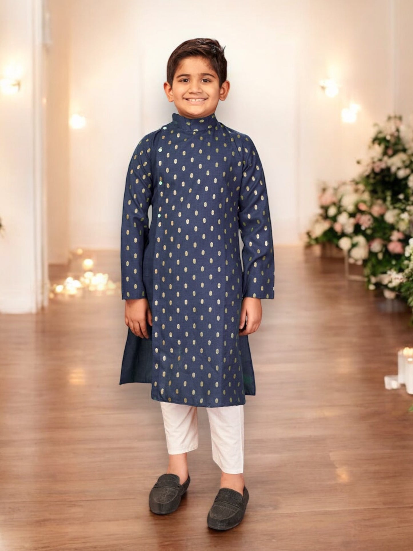 Navy Blue- Pure Cotton - Foil Printed Traditional Kurta Pajama Set for Boys - Ethnic Wear - Saree Ghor Charlotte