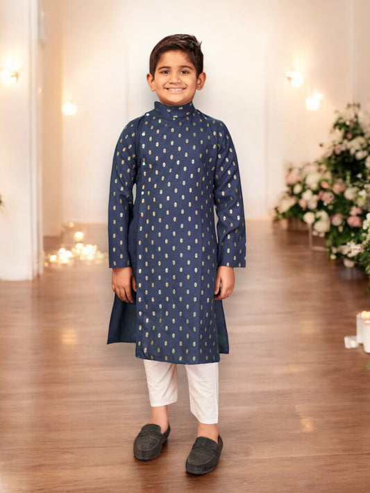 Navy Blue, Pure Cotton, Foil Printed Traditional Kurta Pajama Set for Boys, Cultural Wear - Saree Ghor Charlotte