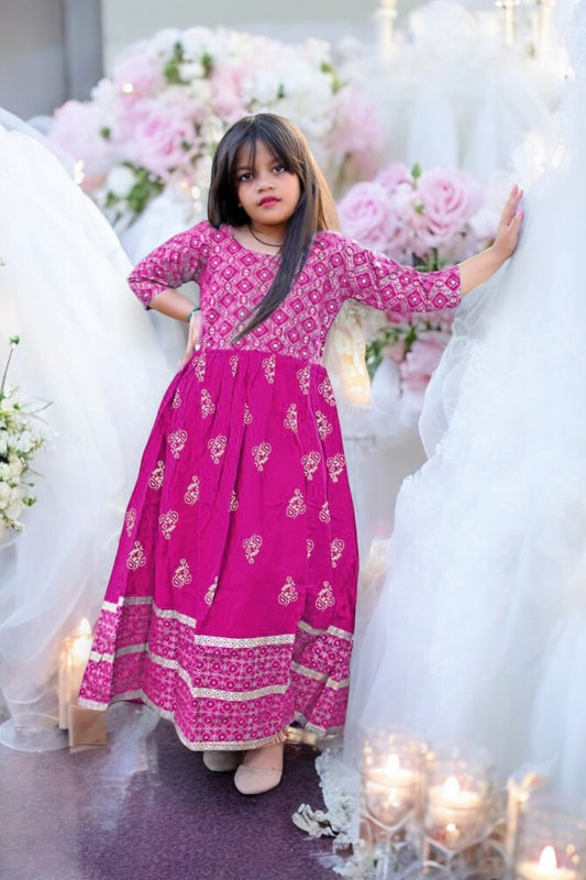 Traditional Foil Printed Gown Suit for Young Girls, Cultural Wear, 08 - Saree Ghor Charlotte