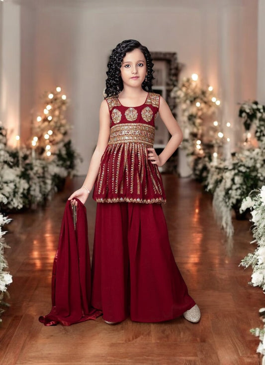 Maroon Traditional Salwar Kameez Suit for Young Girls, Cultural Wear - Saree Ghor Charlotte