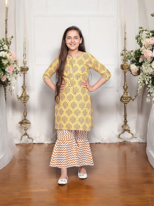 Traditional Cotton Kurti Set with Pant for Girls, Cultural Wear for Kids,01 - Saree Ghor Charlotte