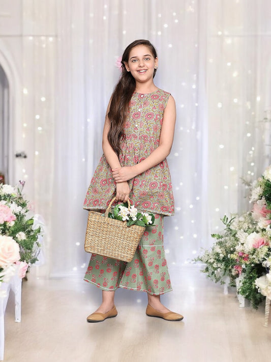 Traditional Cotton Kurti Set with Pant for Girls, Cultural Wear for Kids,03 - Saree Ghor Charlotte