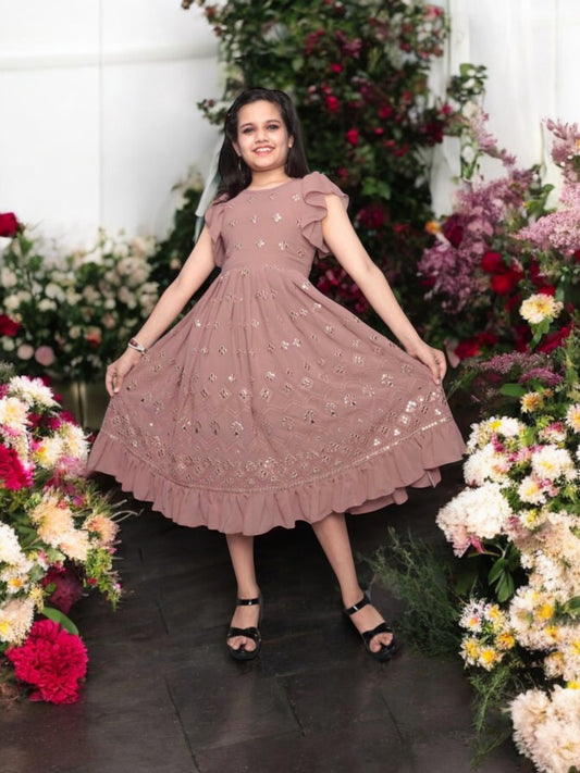 Radiant Peach, Traditional  Party Wear Georgette Embroidery Mirror Work Frock For Girls - Saree Ghor Charlotte