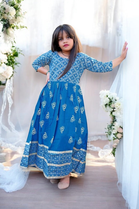 Traditional Foil Printed Gown Suit for Young Girls, Cultural Wear, F - Saree Ghor Charlotte