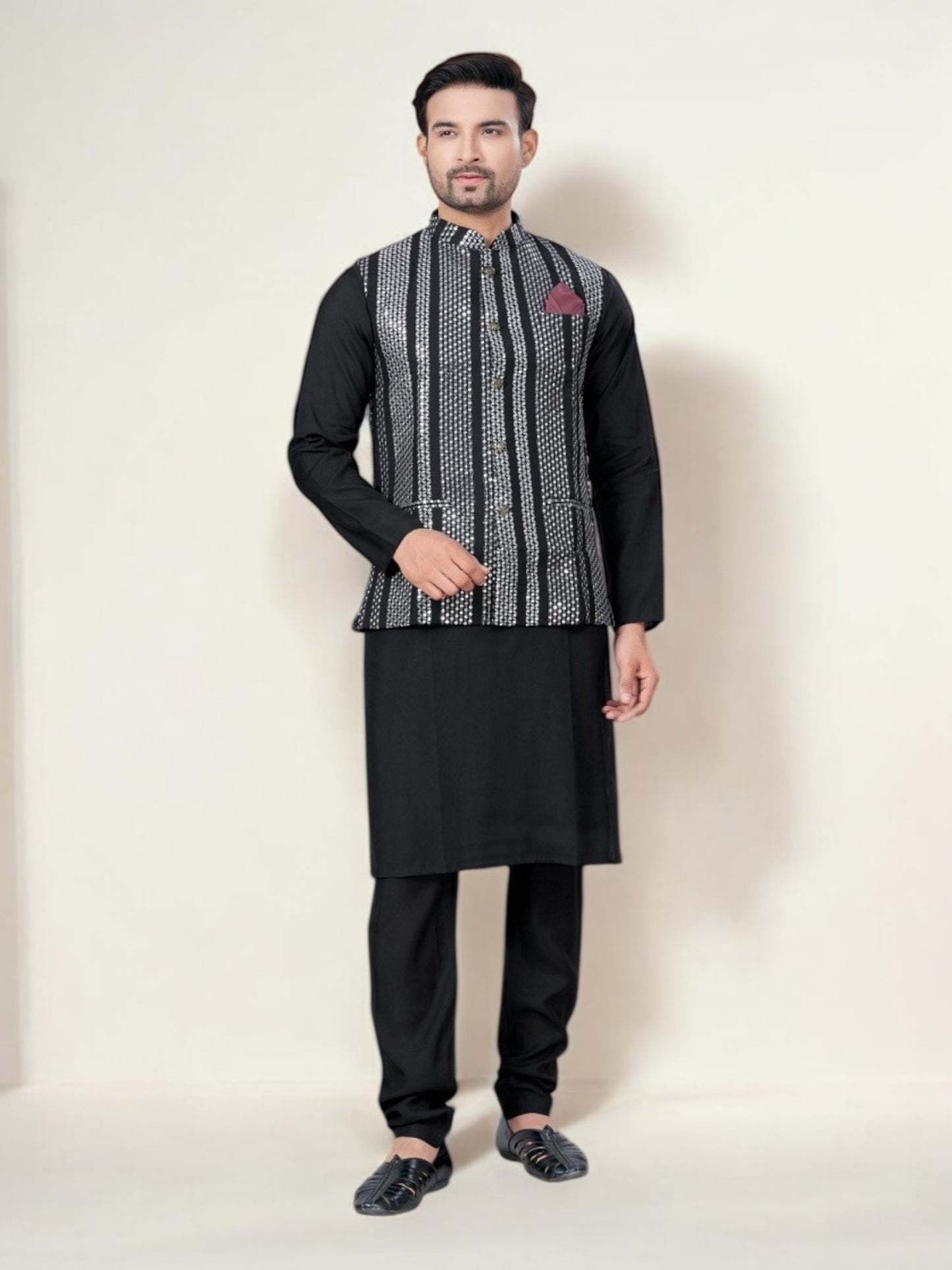 Black- Traditional Men's Kurta Pajama with Jacket– Ethnic Wear for Men-228 - Saree Ghor Charlotte