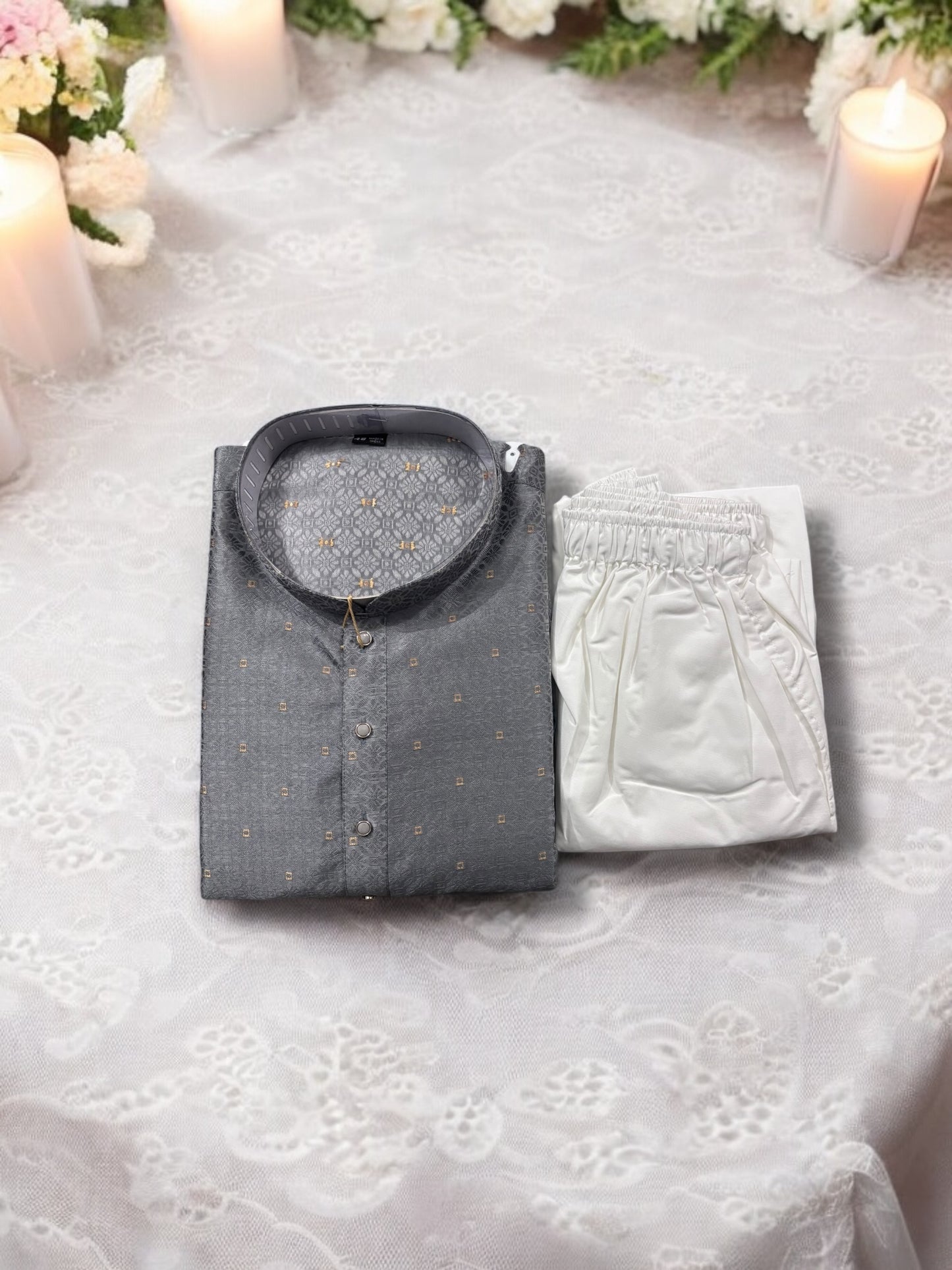 Traditional Men's Gray Color Silk Kurta Pajama Set – Ethnic Wear- 6916 - Saree Ghor Charlotte