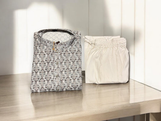 Mens Traditional Printed Work Gray Kurta Pajama, 6612 - Saree Ghor Charlotte