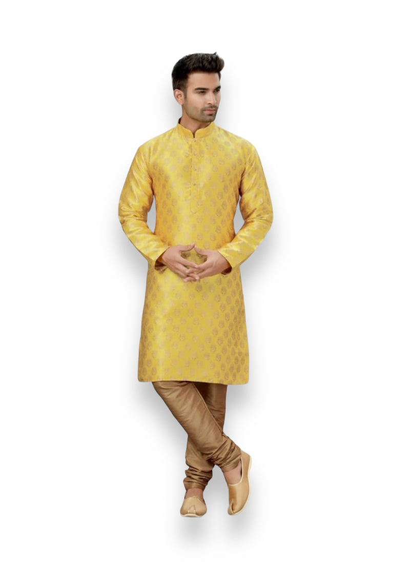 Men's Traditional Yellow Silk Kurta Pajama - 6321 - Saree Ghor Charlotte