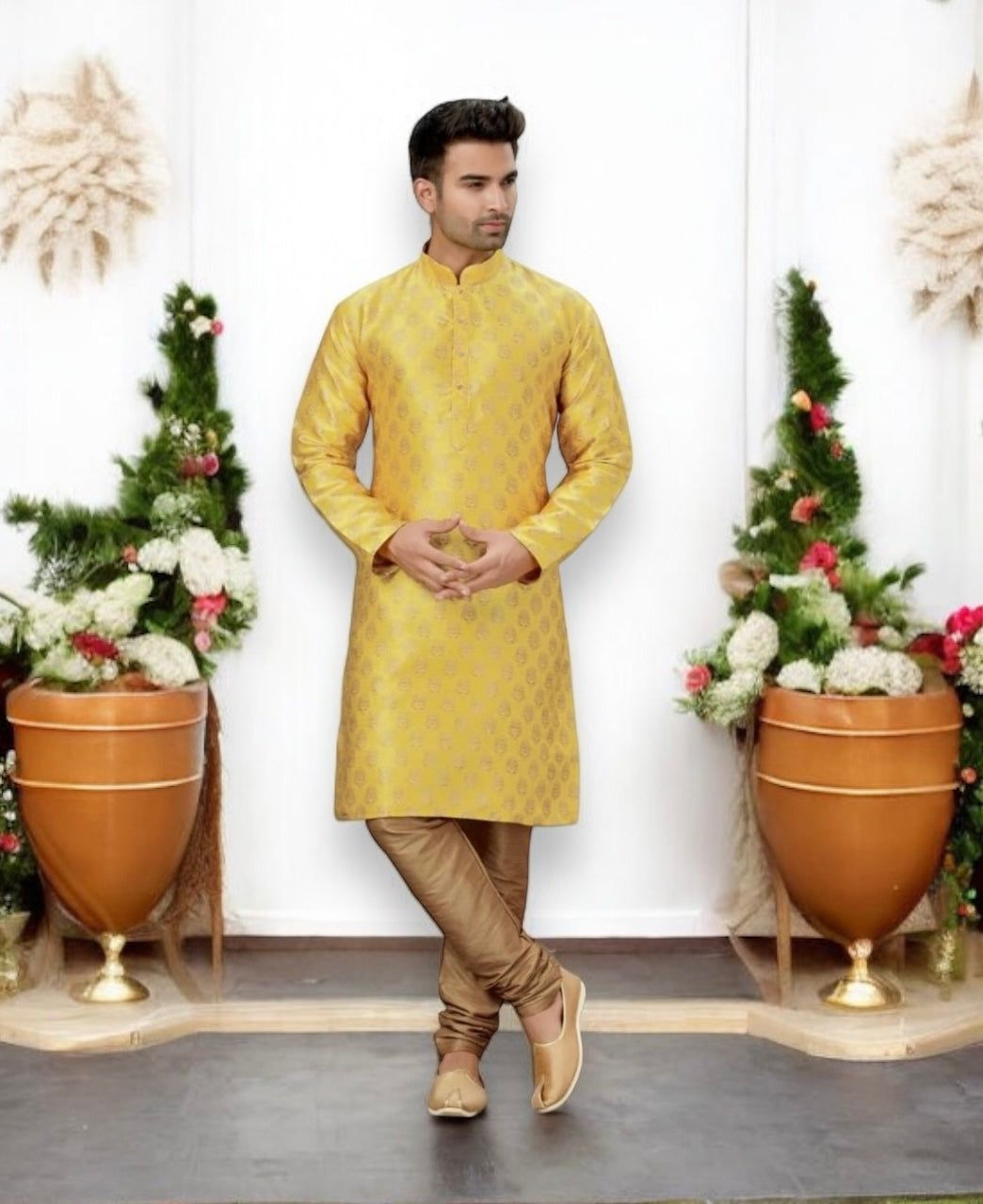 Men's Traditional Yellow Silk Kurta Pajama - 6321 - Saree Ghor Charlotte