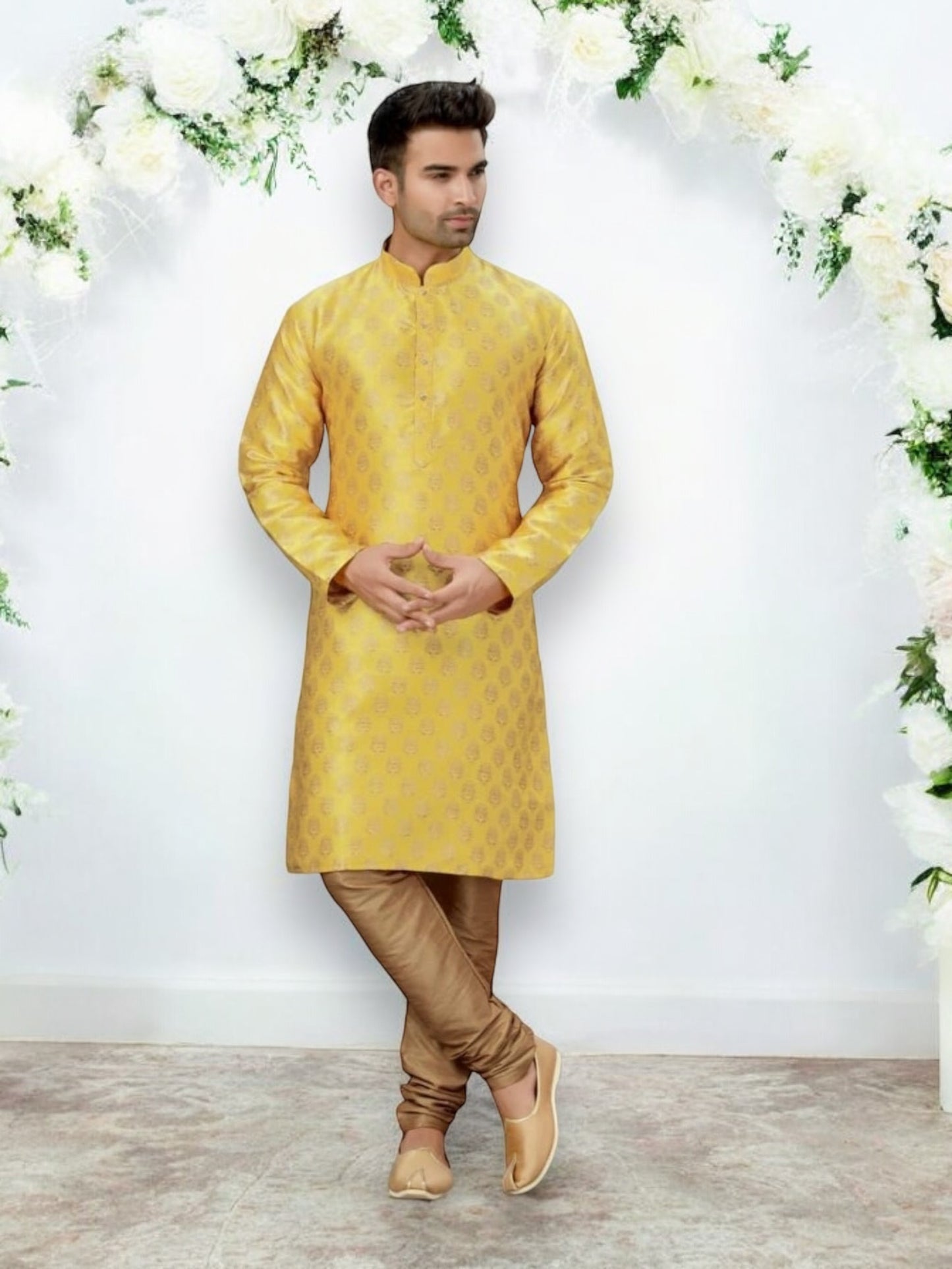 Men's Traditional Yellow Silk Kurta Pajama - 6321 - Saree Ghor Charlotte