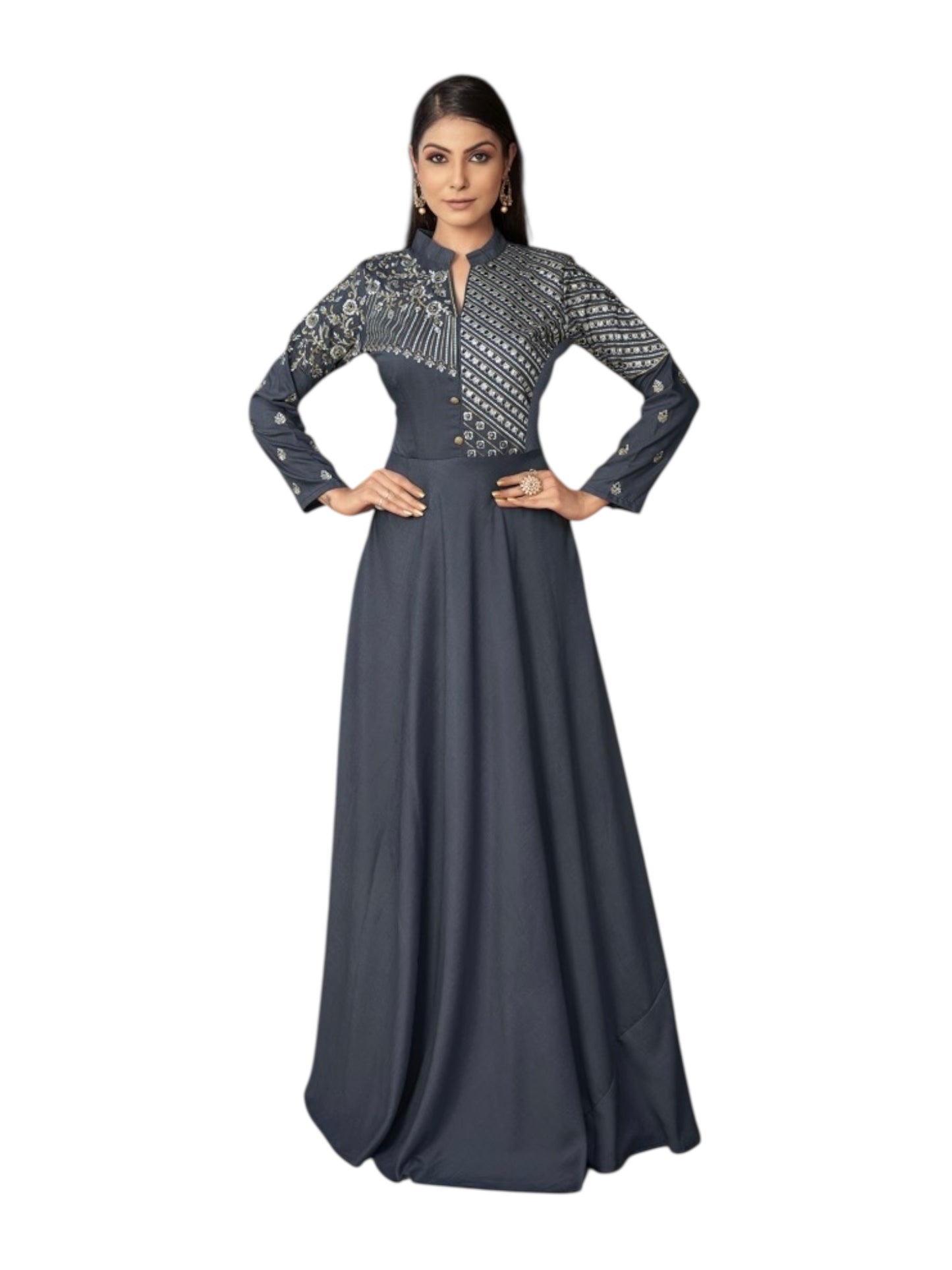 Gray Color Maslin Embroidery Traditional Designer Gown - Ethnic Wear for Women - 313 - Saree Ghor Charlotte