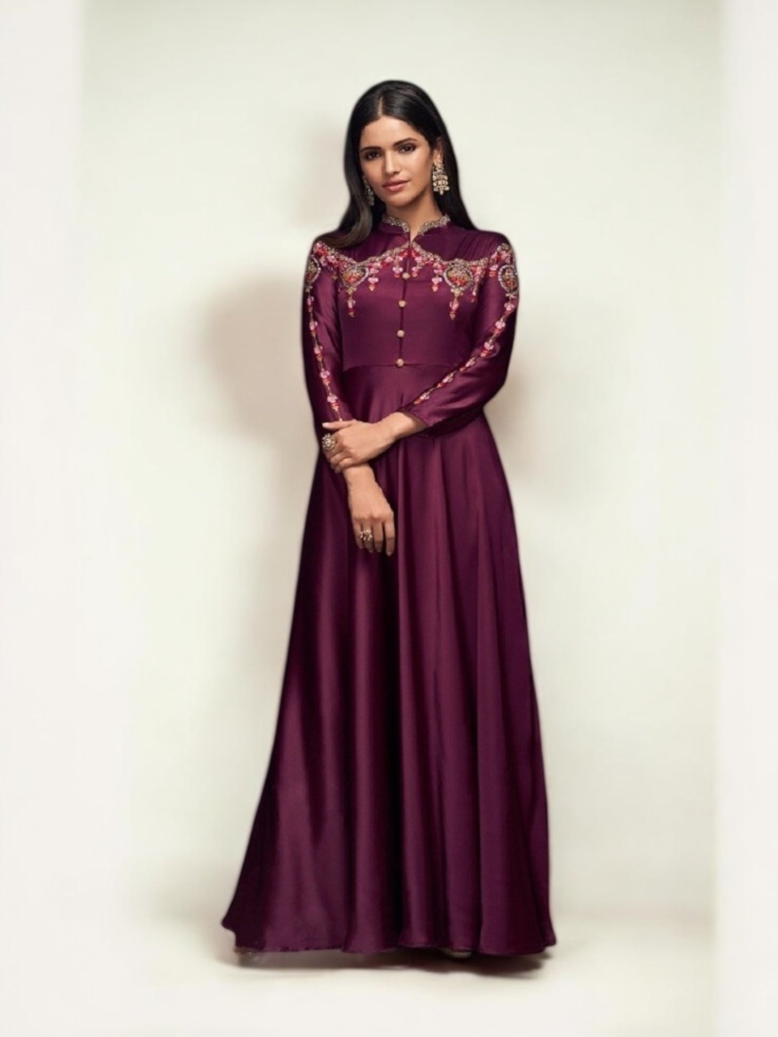 open lace back dress Wine Color Georgette Embroidery Traditional Designer Gown, Cultural Wear for Women, 303 42