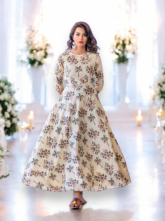 Cream: Muslin Printed Work Traditional Gown,Cultural Wear for Women,02 - Saree Ghor Charlotte