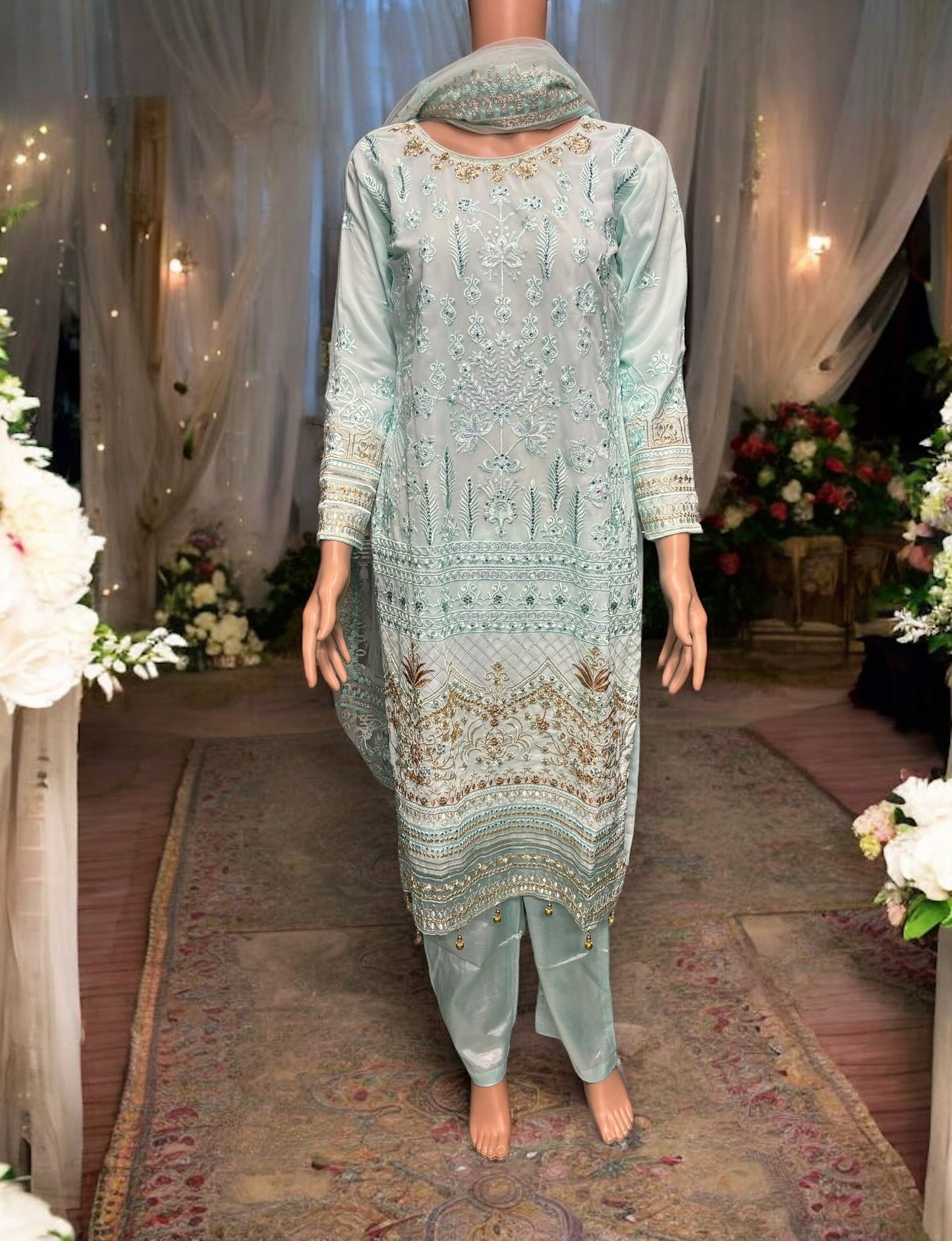 Sky Blue Georgette Salwar Kameez with Embroidery Work- Ethnic Wear for Women - Saree Ghor Charlotte