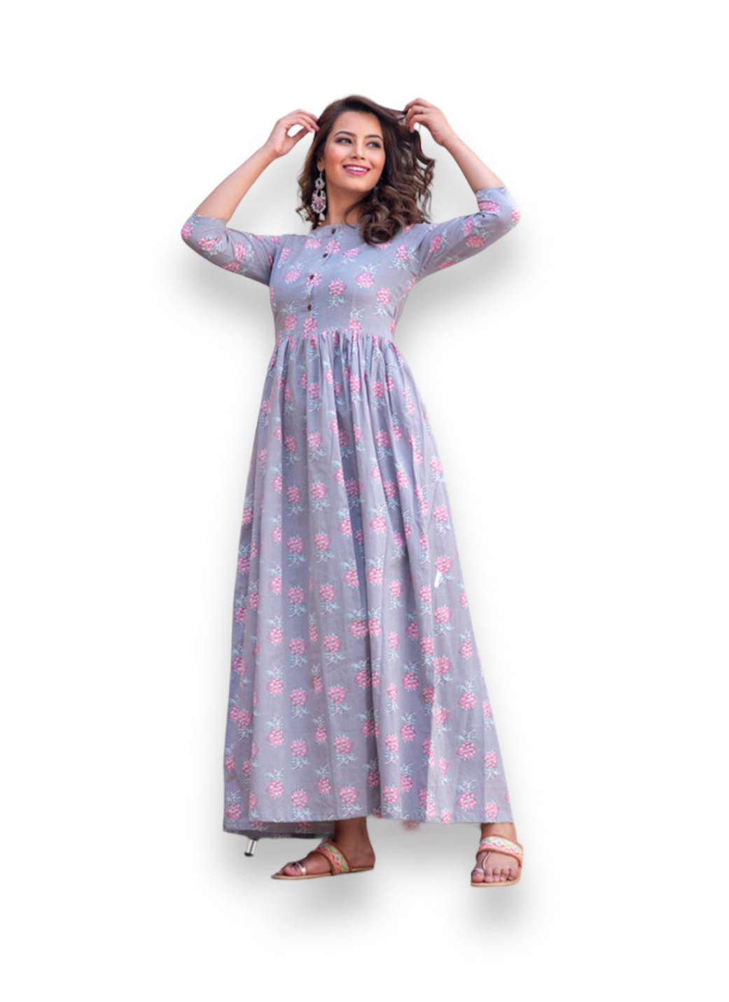 Blue: Muslin Printed Work Traditional Gown-Ethnic Wear for Women-01 - Saree Ghor Charlotte