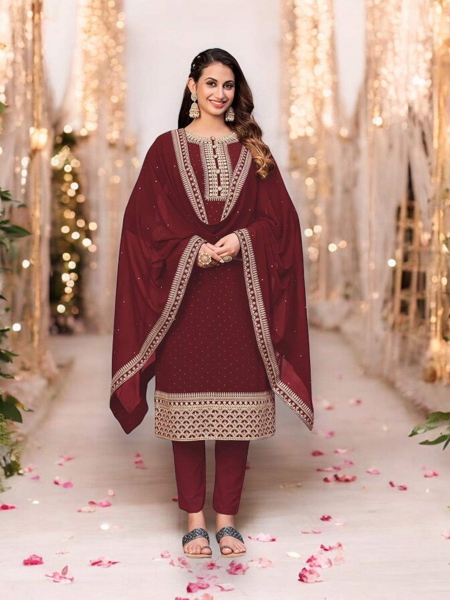 Regal Maroon - Faux Georgette - Embroidery Work Straight Suit-Ethnic Wear for Women - Saree Ghor Charlotte