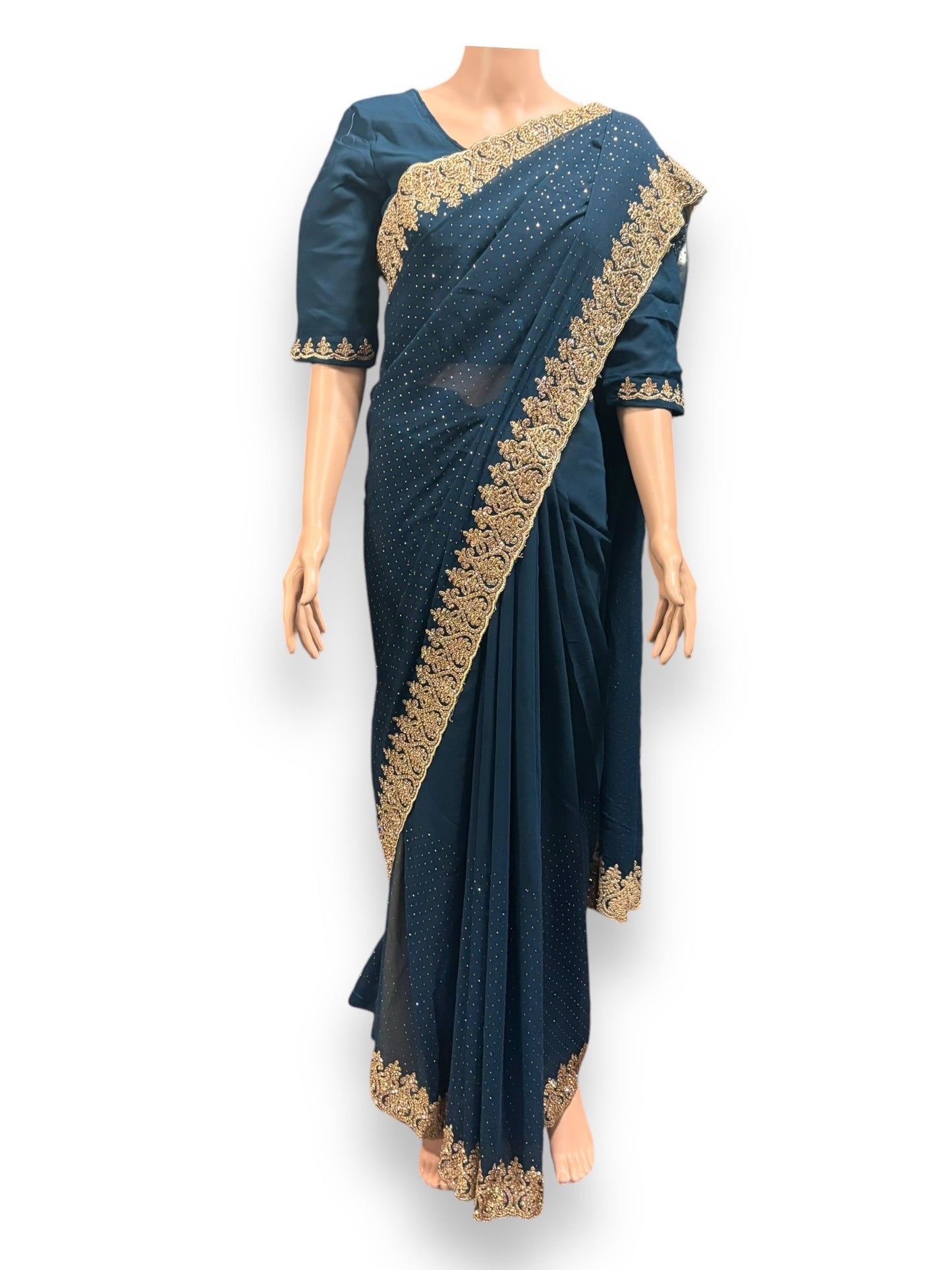 Blue Party Wear Stonework Saree with Ready Blouse - 022 - Saree Ghor Charlotte