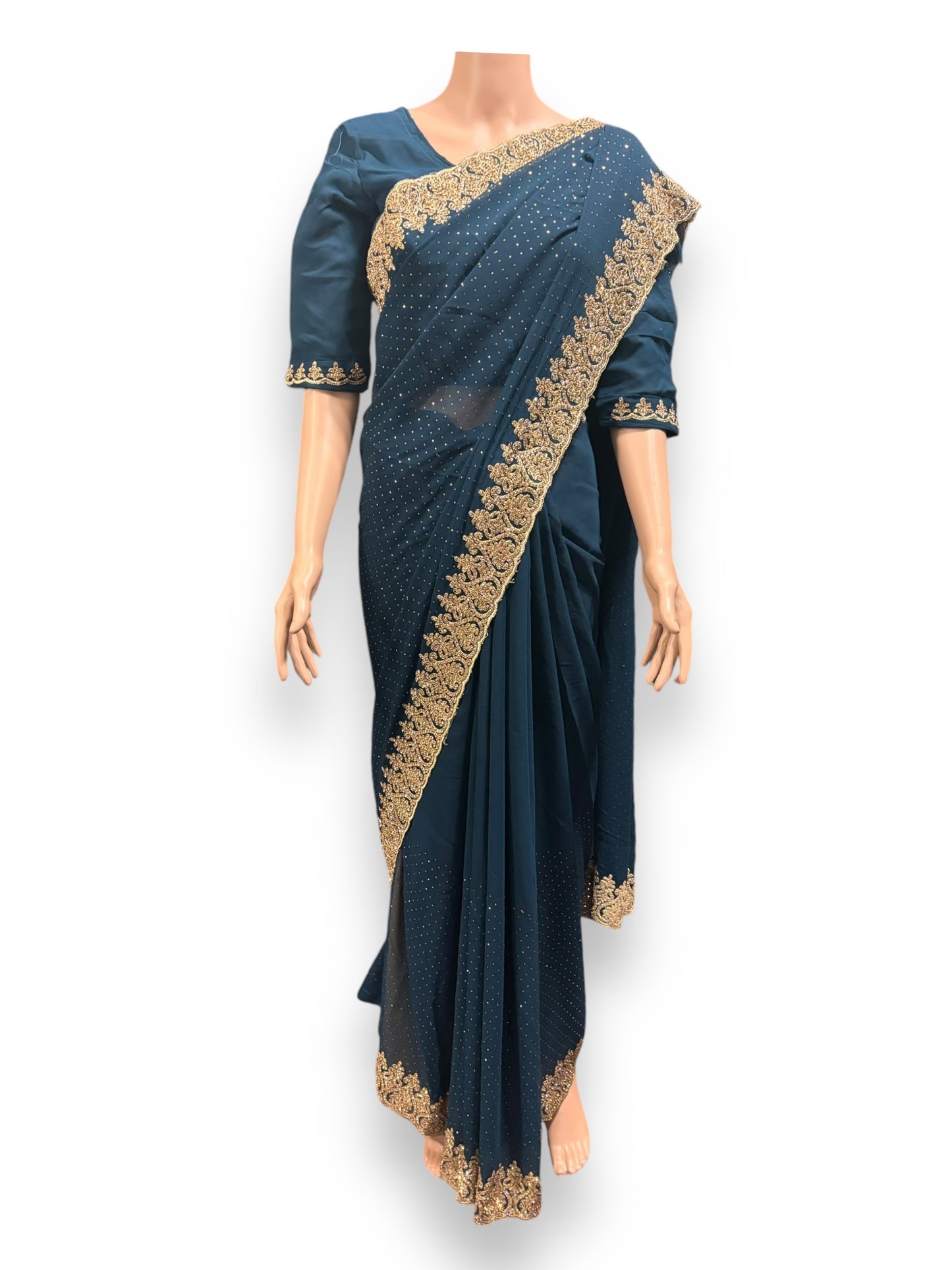 Blue Party Wear Stonework Saree with Ready Blouse - 022 - Saree Ghor Charlotte
