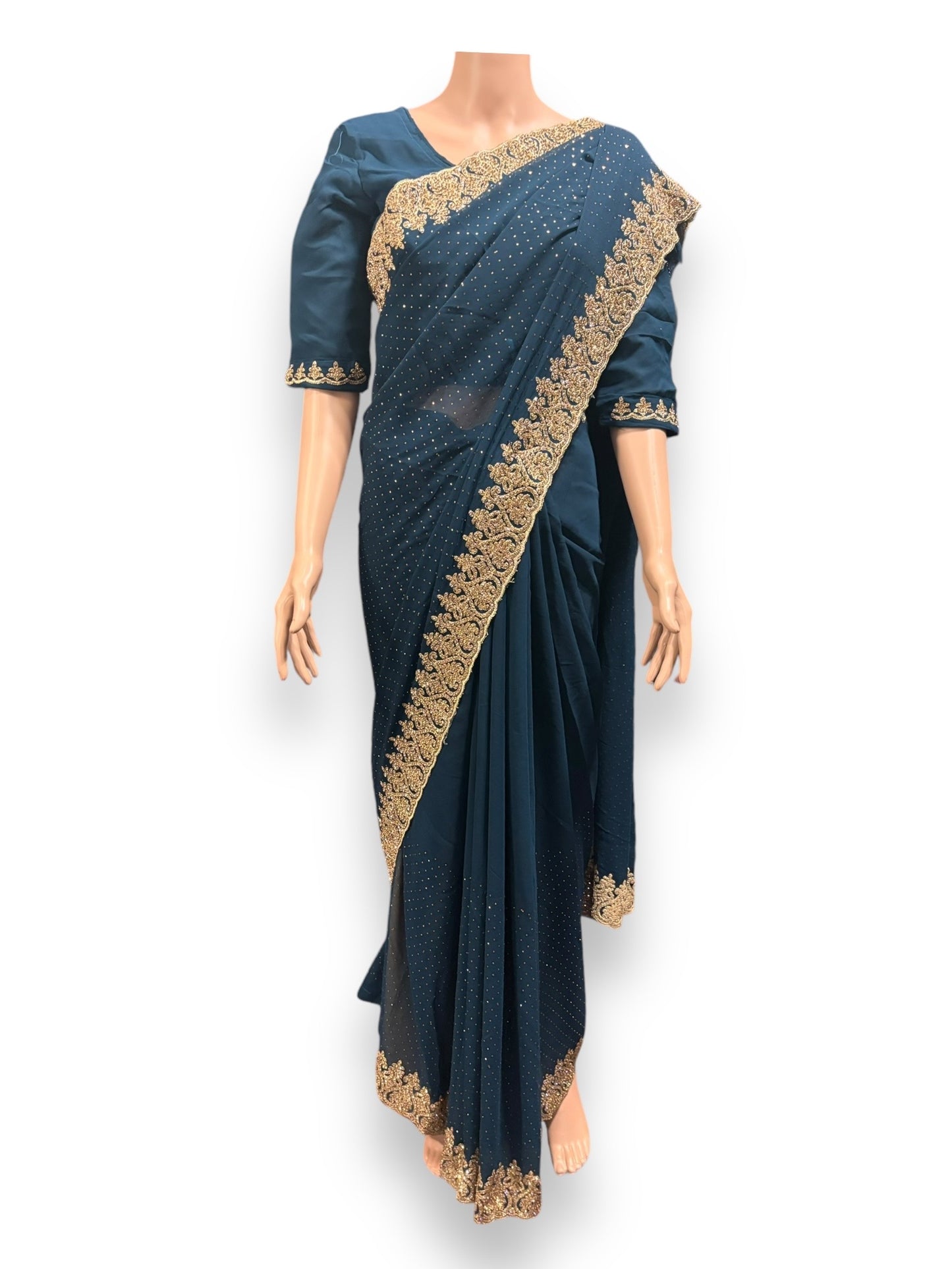 Blue Party Wear Stonework Saree with Ready Blouse - 022 - Saree Ghor Charlotte