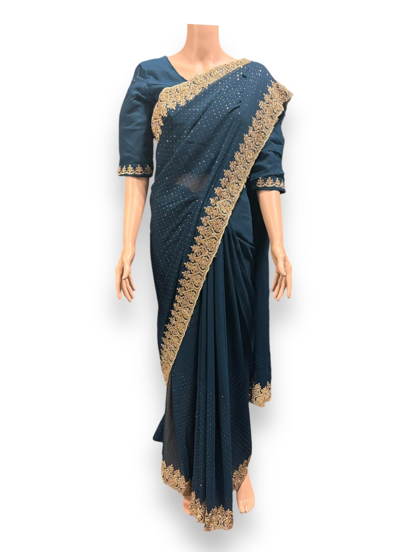 Blue Party Wear Stonework Saree with Ready Blouse - 022 - Saree Ghor Charlotte