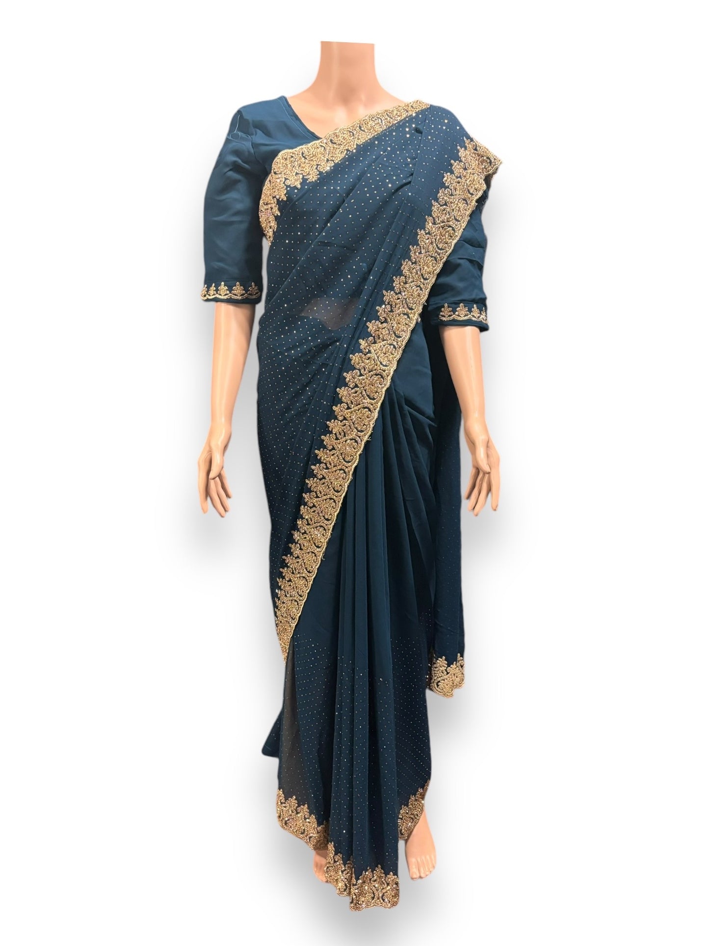 Blue Party Wear Stonework Saree with Ready Blouse - 022 - Saree Ghor Charlotte