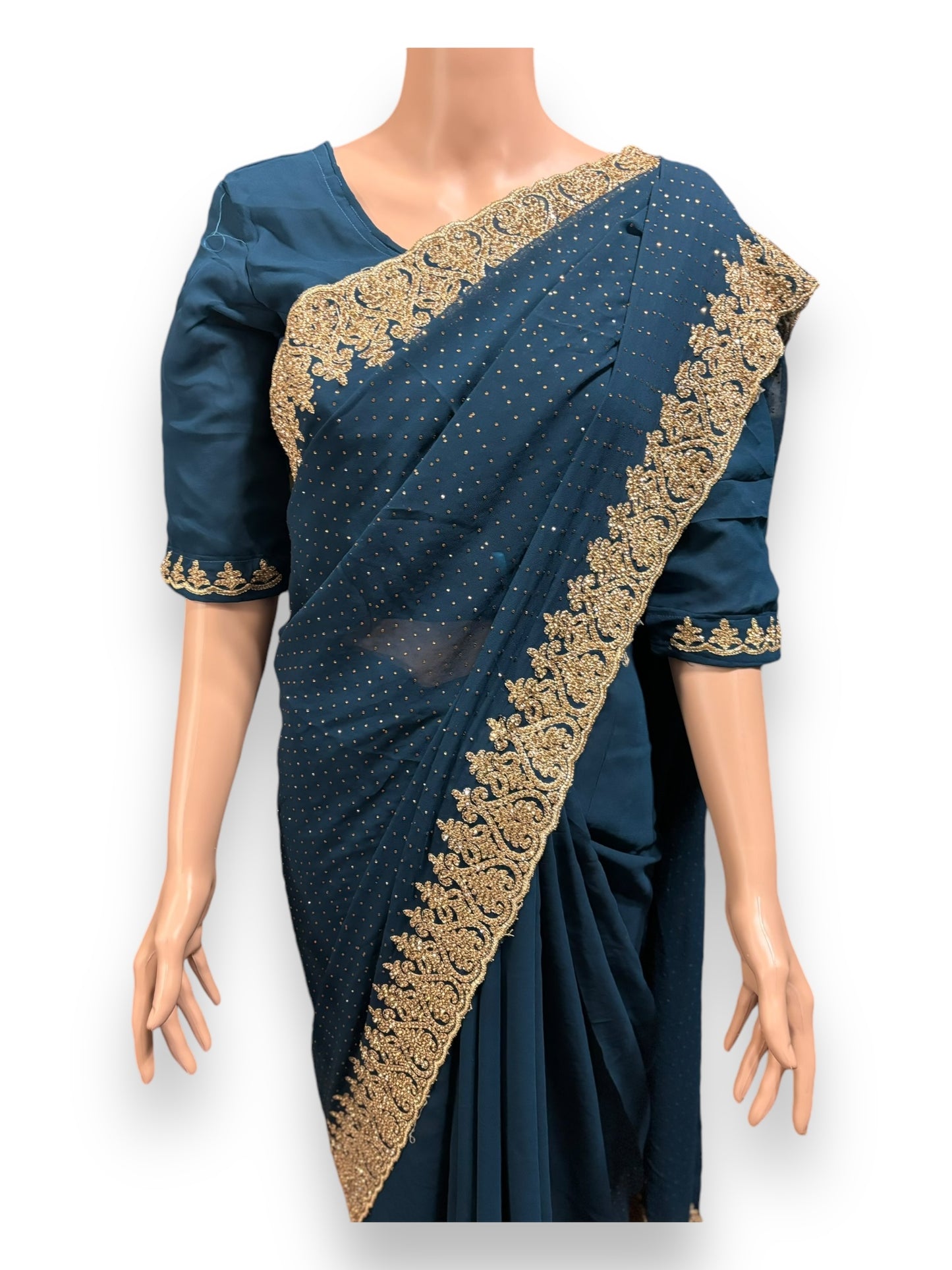 Blue Party Wear Stonework Saree with Ready Blouse - 022 - Saree Ghor Charlotte