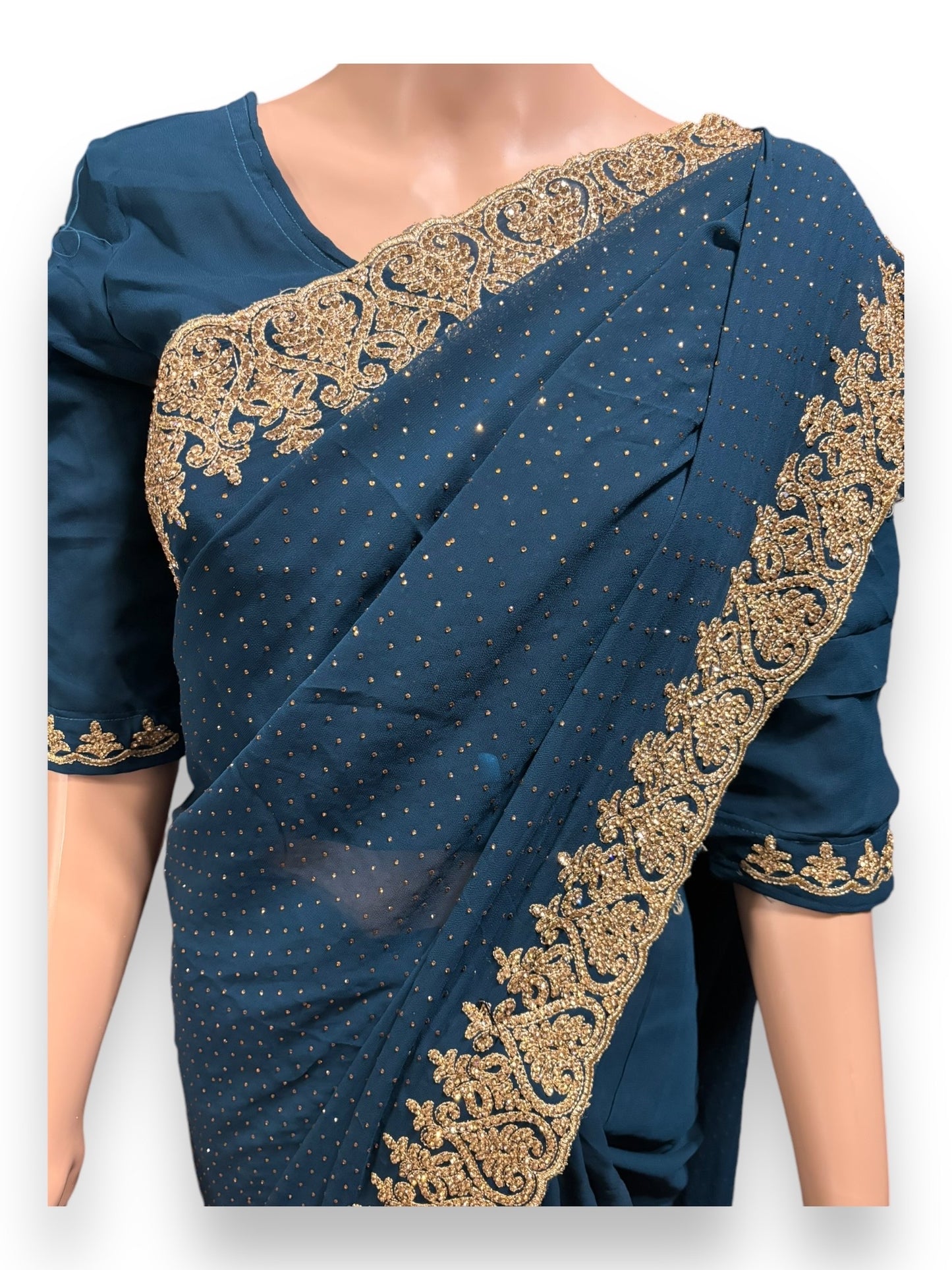 Blue Party Wear Stonework Saree with Ready Blouse - 022 - Saree Ghor Charlotte