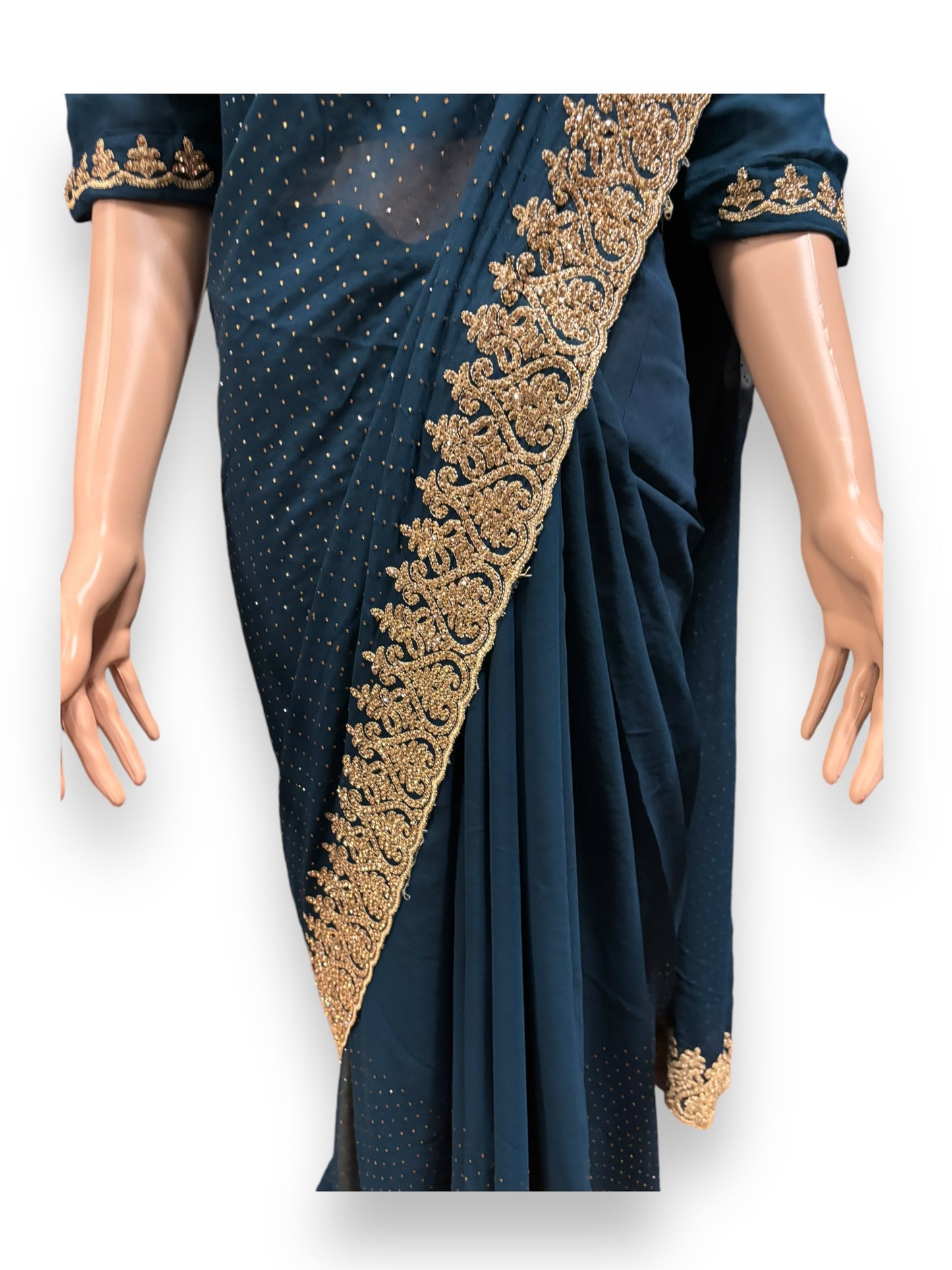 Blue Party Wear Stonework Saree with Ready Blouse - 022 - Saree Ghor Charlotte