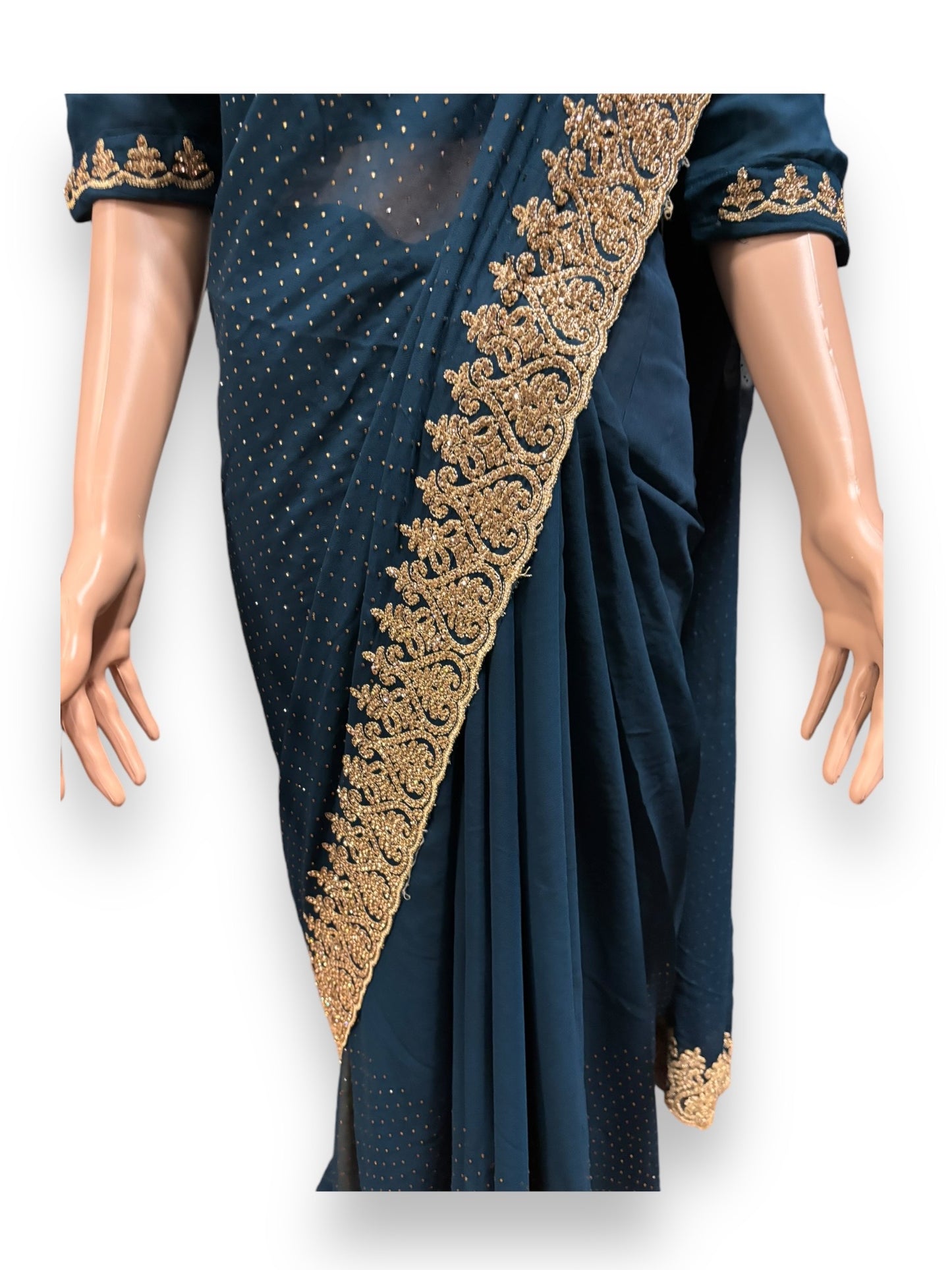 Blue Party Wear Stonework Saree with Ready Blouse - 022 - Saree Ghor Charlotte