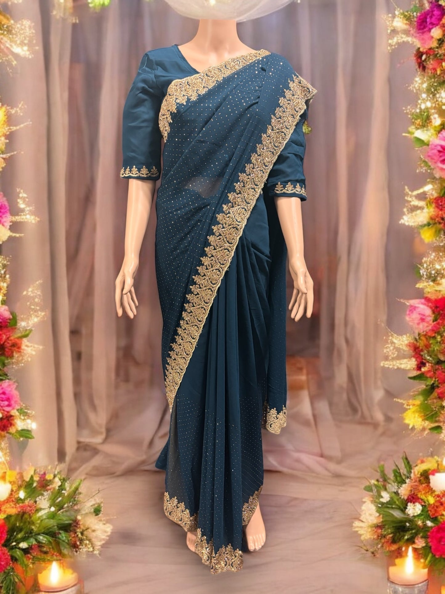 Blue Party Wear Stonework Saree with Ready Blouse - 022 - Saree Ghor Charlotte