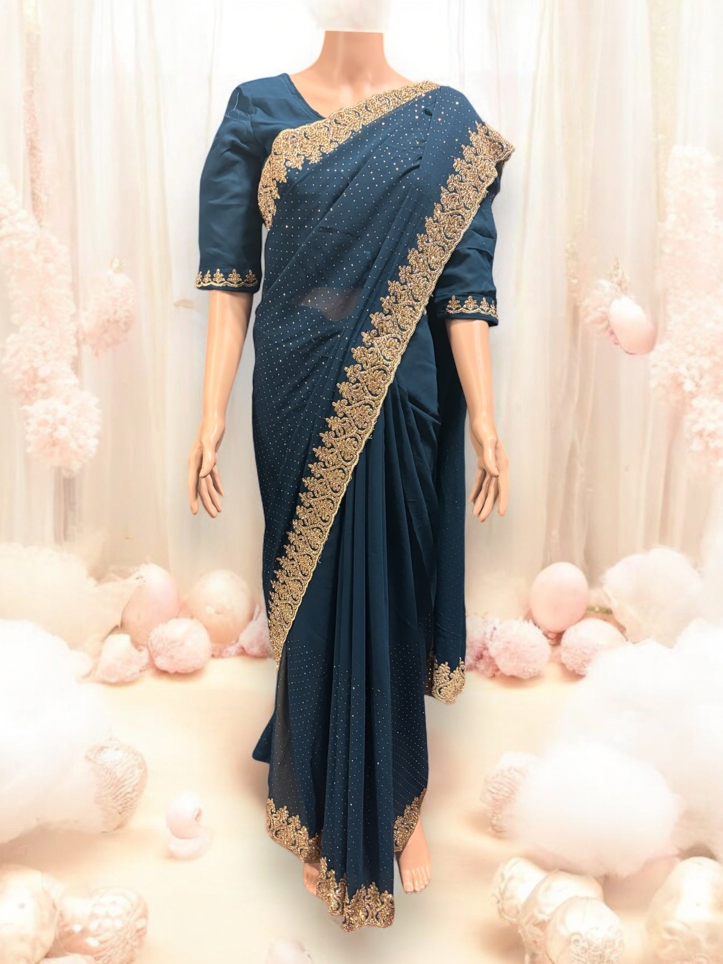 Blue Party Wear Stonework Saree with Ready Blouse - 022 - Saree Ghor Charlotte