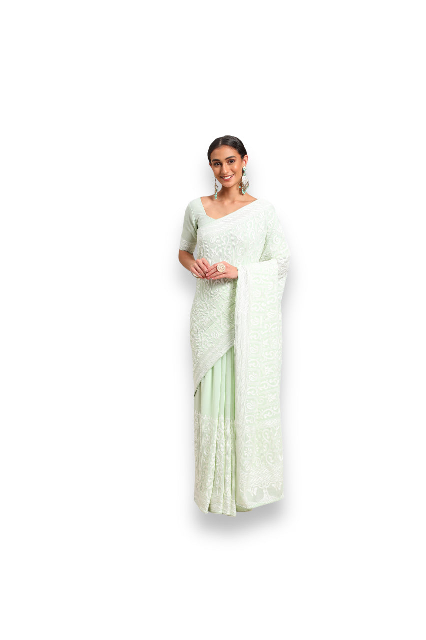 Georgette Embroidered Saree with Ready Blouse, Cultural Wear for Women - Saree Ghor Charlotte