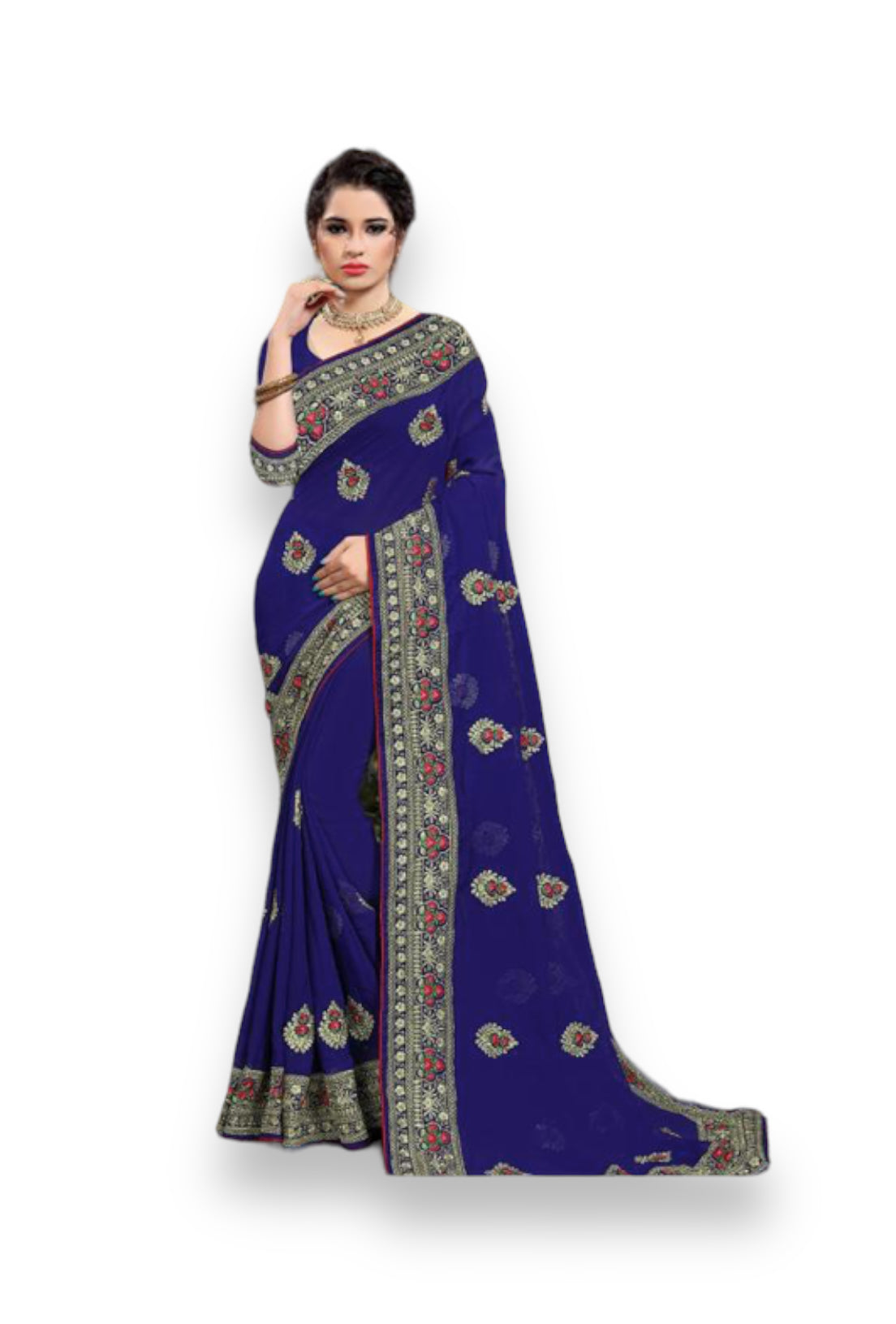 Navy Blue Traditional Georgette Saree with Resham Work for Women - Saree Ghor Charlotte