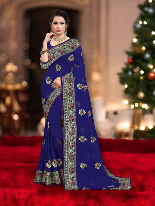Navy Blue Traditional Georgette Saree with Resham Work for Women - Saree Ghor Charlotte