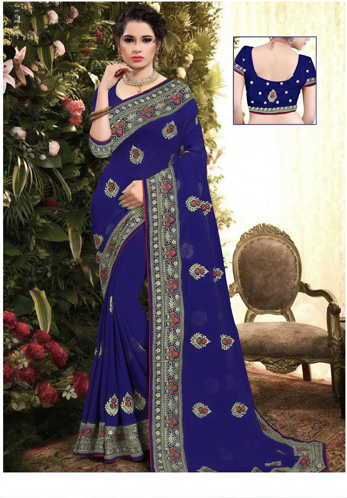 Navy Blue Traditional Georgette Saree with Resham Work for Women - Saree Ghor Charlotte