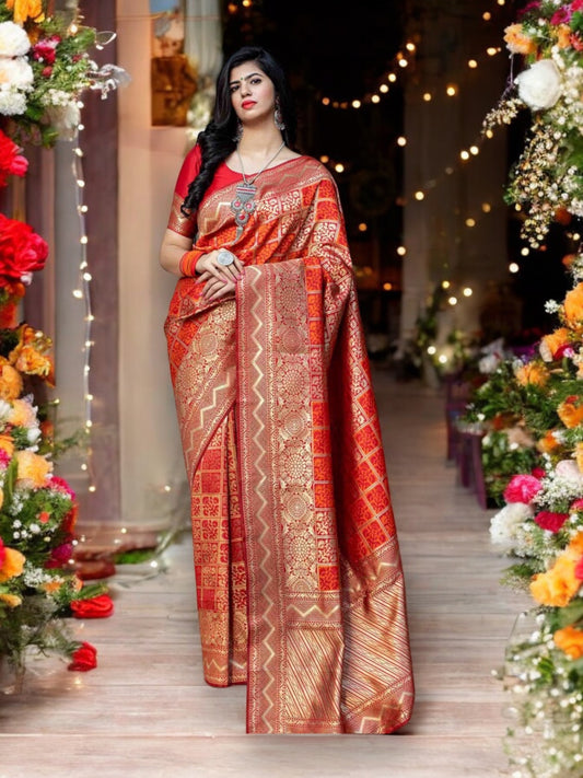 Red Banarasi Silk Traditional Weaving Saree , Cultural Wear for Women - Saree Ghor Charlotte